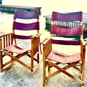 Vintage Costa Rica Hand-Carved Leather & Wood Rocking Chairs – Set of 2